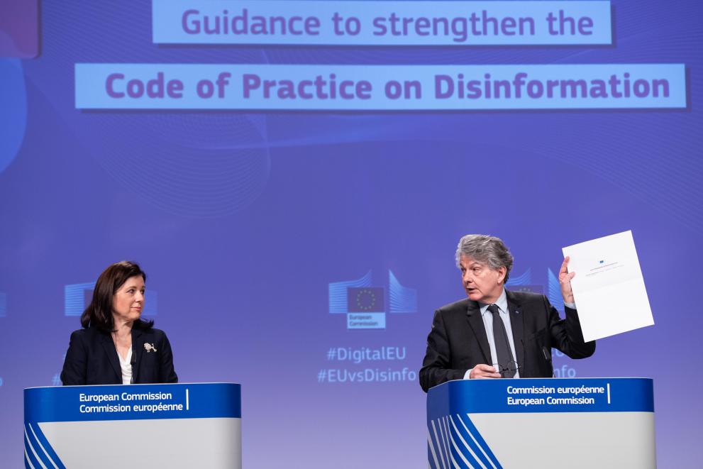 Read-out of the weekly meeting of the von der Leyen Commission by Věra Jourová, Vice-President of the European Commission, and Thierry Breton, European Commissioner, on the Guidance for strengthening the code of practice on disinformation